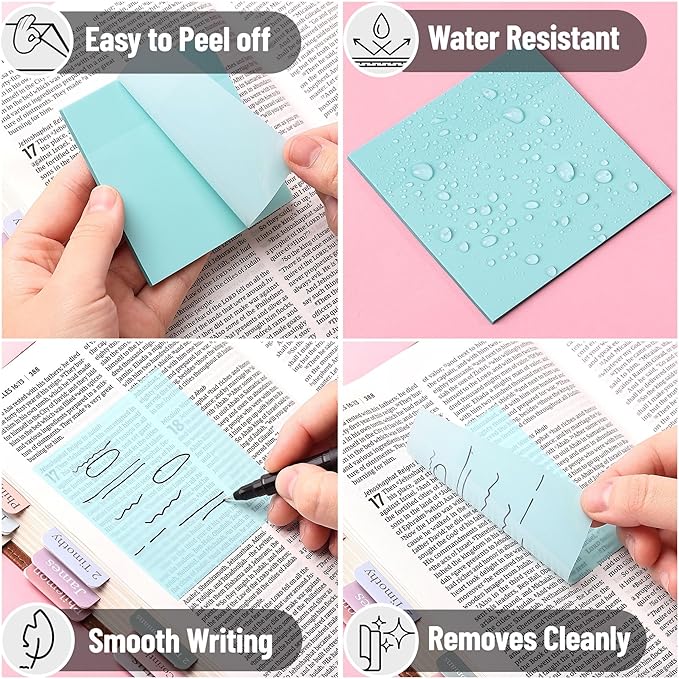 Mr. Pen- Transparent Sticky Notes, 3" x 3", 4 Pads, 200 Sheets, Morandi Colors, See Through Self-Adhesive Notes with Fineliner for Bible Journaling and Studying, Water-Resistant, Clean Removal