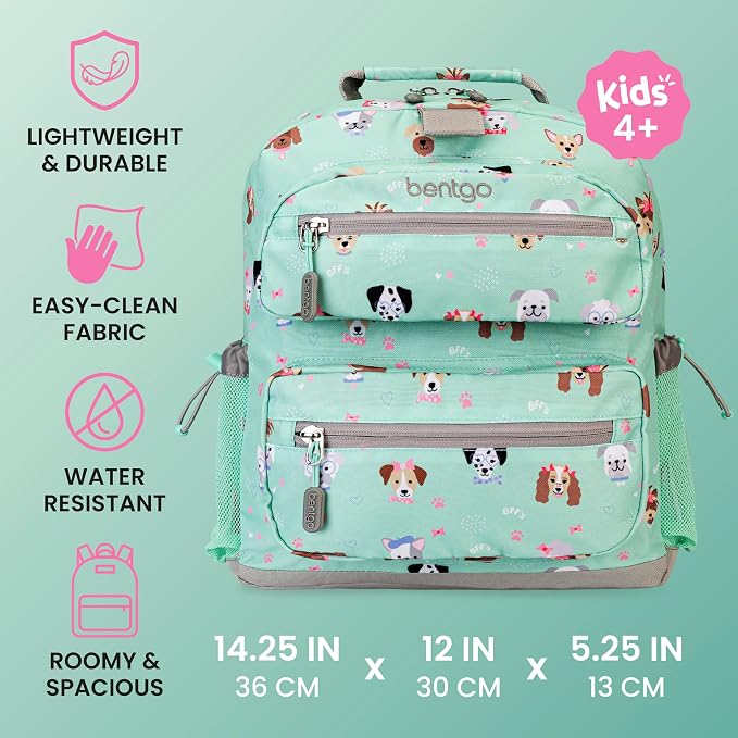 Bentgo Kids Backpack - Lightweight 14” Backpack in Fun Prints for School, Travel, & Daycare, Ideal for Ages 4+, Roomy Interior, Durable & Water-Resistant Fabric, & Loop for Lunch Bag (Puppy Love)