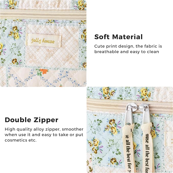 HBselect Quilted Makeup Bag, 3Pcs Cotton Large Travel Makeup Bags Organizer | Cute Floral Make up Bag Cosmetic Bag Toiletry Bag for Women Girls, Makeup Pouch for Skincare, Brushes & Travel Essentials