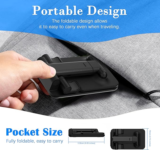 Cell Phone Stand, Adjustable Angle and Height Cell Phone Holder for Desk, Foldable and Portable, Anti-Slip Silicone Pad, Compatible with All Mobile Phones and 4-8 Inch Devices (Black&Black)