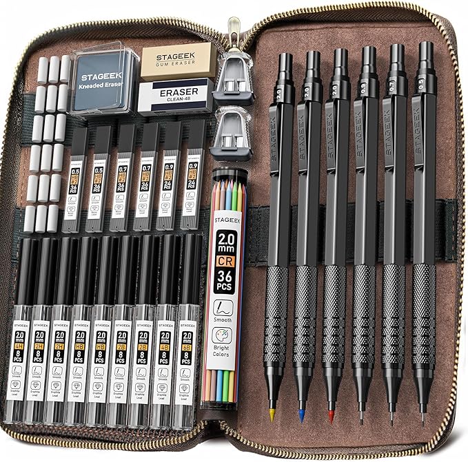30PCS Black Metal Mechanical Pencil Set in Leather Case, 0.5/0.7/0.9/2.0mm Art Drafting Pencils with 16 Tubes Graphite Leads (6B 4B 2B HB 2H 4H) & Colored Refills for Sketching, Drawing, Writing