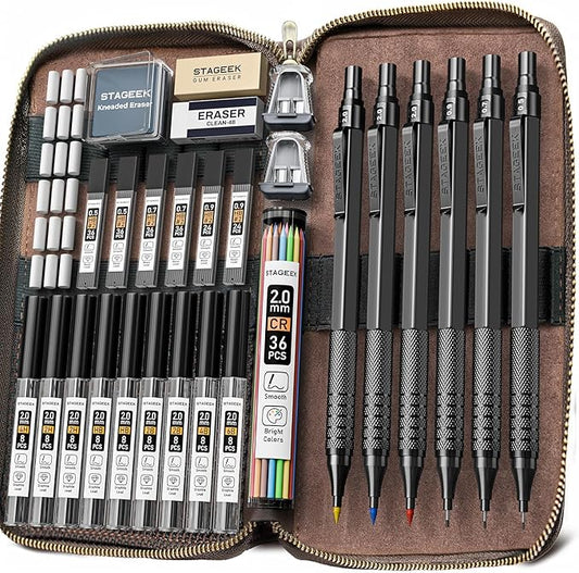 30PCS Black Metal Mechanical Pencil Set in Leather Case, 0.5/0.7/0.9/2.0mm Art Drafting Pencils with 16 Tubes Graphite Leads (6B 4B 2B HB 2H 4H) & Colored Refills for Sketching, Drawing, Writing