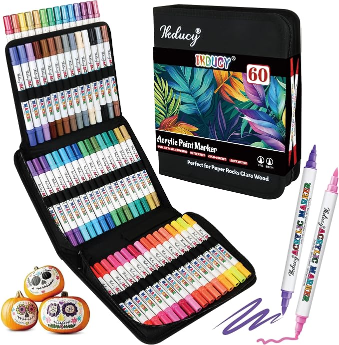 60 Colors Dual Tip Acrylic Paint Markers Set - Brush & Fine