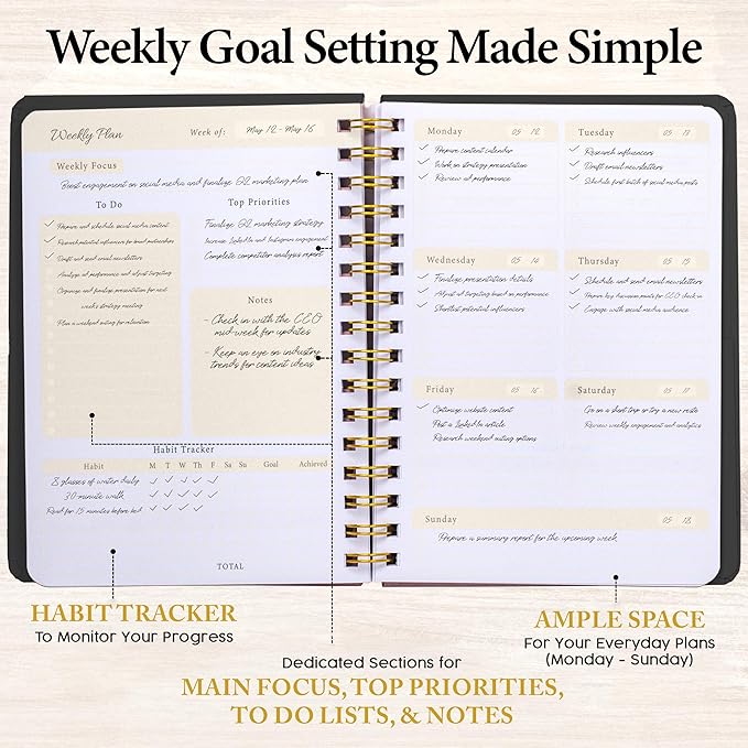 Undated Weekly Planner & Notebook for Work, School & Home — Aesthetic Hardcover Spiral Blank Planner with Habit Tracker, Goal Organizer & To Do List—124 No-Bleed Pages, 6.4×8.5", Black
