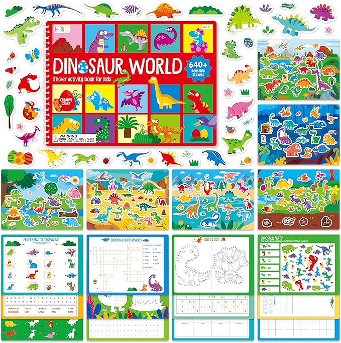 Sticker Activity Book, 640+ Reusable Stickers, 15 Dry-erase Scenes & 16 Fun Games, Side By Side Dinosaur-Themed Activity Book, Educational Hands-on Travel Game - Great for Toddlers, Kids, Boys & Girls