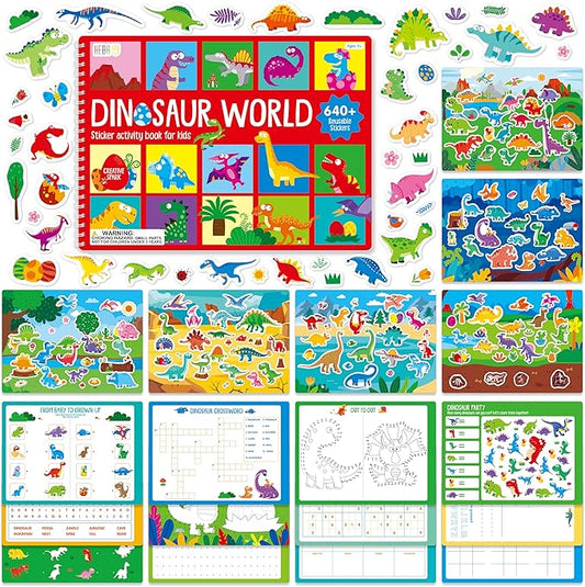 Sticker Activity Book, 640+ Reusable Stickers, 15 Dry-erase Scenes & 16 Fun Games, Side By Side Dinosaur-Themed Activity Book, Educational Hands-on Travel Game - Great for Toddlers, Kids, Boys & Girls