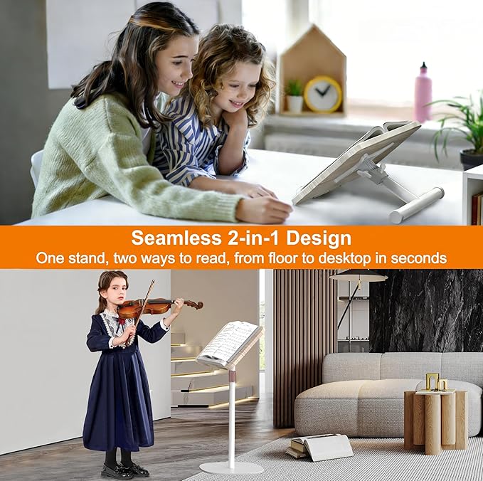 NAMON 2-in-1 Dual-use Floor & Desktop Book Stand, Sturdy Metal & Wood Build, Height Adjustable from 16.5" to 51", Floor Reading Stand for Sheet Music, Cookbooks, Projector (White, 10" x 15" Panel)