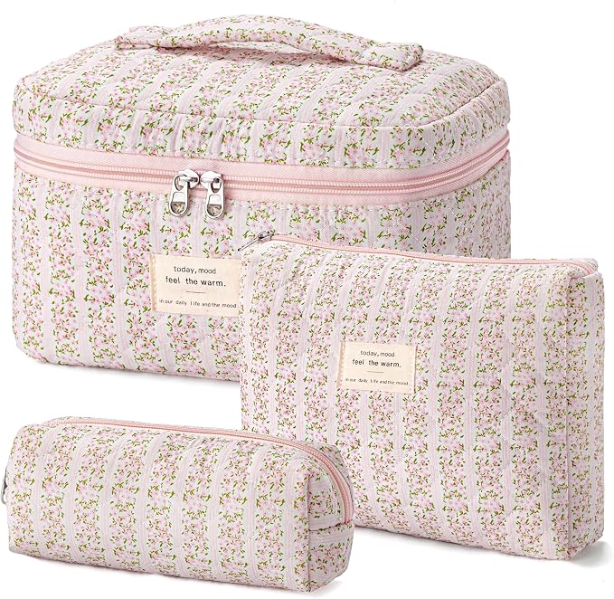 HBselect Quilted Makeup Bag, 3Pcs Cotton Large Travel Makeup Bags Organizer | Cute Floral Make up Bag Cosmetic Bag Toiletry Bag for Women Girls, Makeup Pouch for Skincare, Brushes & Travel Essentials