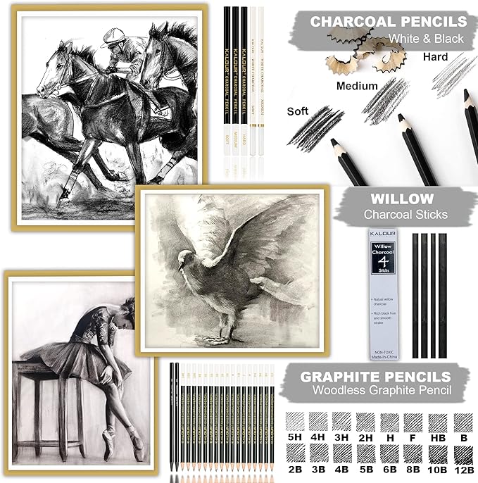 KALOUR 54-Pack Sketch Drawing Pencils Kit with Sketchbook,Include Graphite,Charcoal Pencils and Artists Tools,Pro Art Drawing Supplies for Adults Beginners,ideal for Sketching Shading