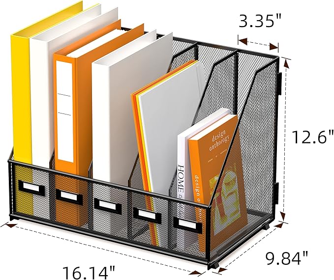 DALTACK 5 Vertical Compartments Magazine File Holder, Binder Organizer, Metal Desk Organizers for Office Home School Classroom Organization, Black
