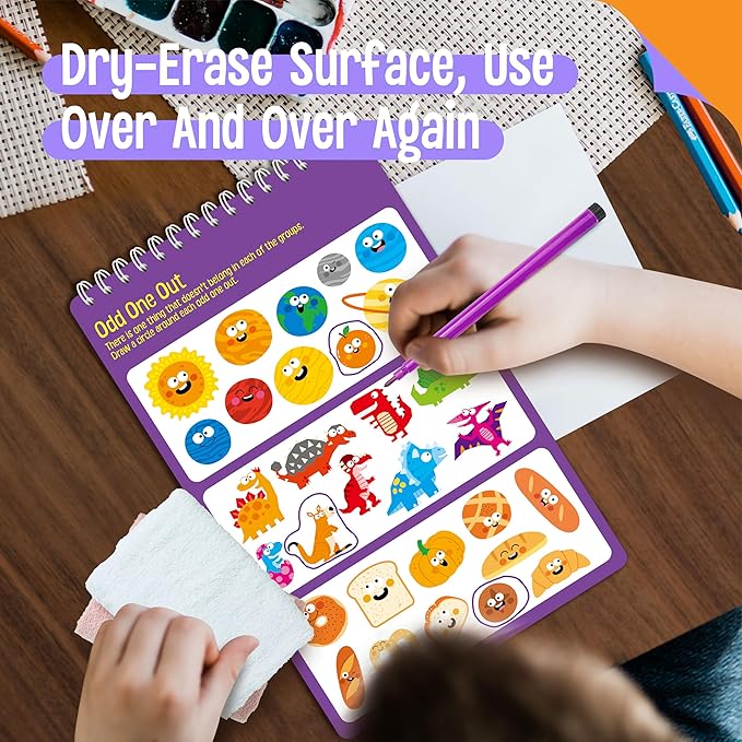 SpriteGru Logic Puzzles Game Pad, 30 Reusable & Erasable Logical Thinking Games, Dry Erase Brain-Boosting Puzzle Activities Book for Kids, Educational Toy for Road Trip, Airplane & Car Travel