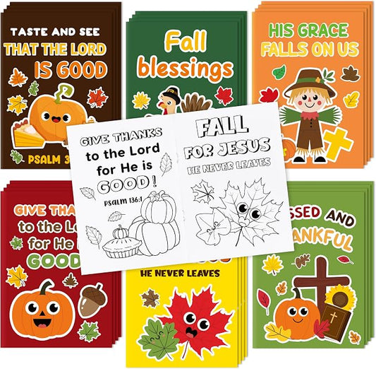 Dvbonike 24Pcs Fall Bible Coloring Books - Christian Religious DIY Color-in Pages Booklet Bulk Drawing Thanksgiving Autumn Activity Party Supplies for School Classroom Rewards Artwork Gift for Kids