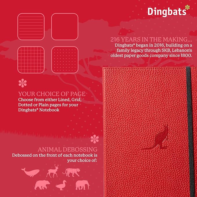 Dingbats* Wildlife Grid Writing Journal Notebook A5 - Vegan Leather Hardcover - Ideal for Work, Travel - Pocket, Elastic Closure, & Bookmark
