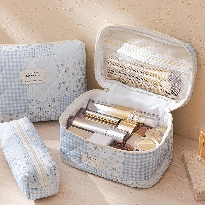 HBselect Quilted Makeup Bag, 3Pcs Cotton Large Travel Makeup Bags Organizer | Cute Floral Make up Bag Cosmetic Bag Toiletry Bag for Women Girls, Makeup Pouch for Skincare, Brushes & Travel Essentials