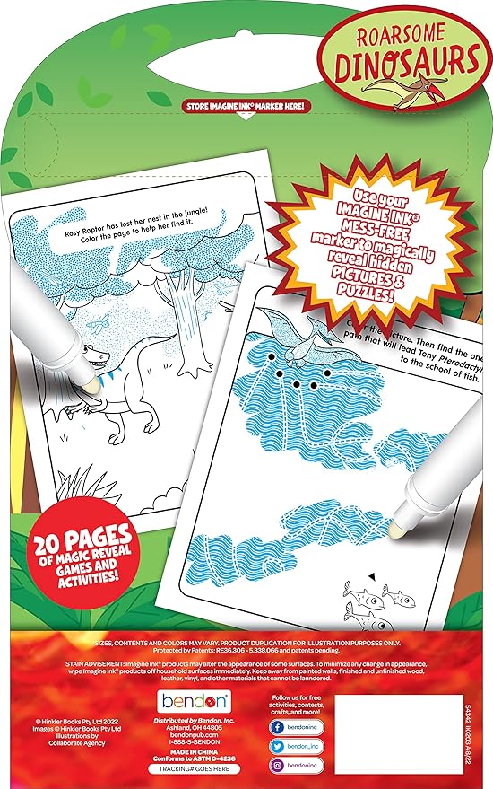 Bendon Dinosaurs Imagine Ink Coloring Book Game Pad with 1 Mess Free Marker, 20 Pages, 54342