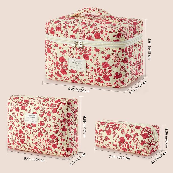 HBselect Quilted Makeup Bag, 3Pcs Cotton Large Travel Makeup Bags Organizer | Cute Floral Make up Bag Cosmetic Bag Toiletry Bag for Women Girls, Makeup Pouch for Skincare, Brushes & Travel Essentials