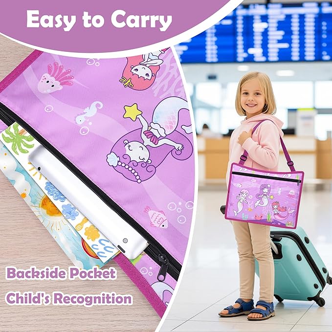 Kids Travel Tray for Toddler Carseat, Road Trip Activities Essentials, Kids Lap Desk Tray with Tablet Holder Stand and Dry Erase Board, Mermaid