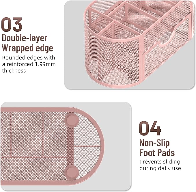SUPEASY Mesh Desk Organizer, Desk Accessories & Workspace Organizers with Drawers, Pencil Holder for Desk with 9 Compartments for Office Suppliess, School, Classroom, 8.6 x 4.3 x 4.1 Inch, Pink