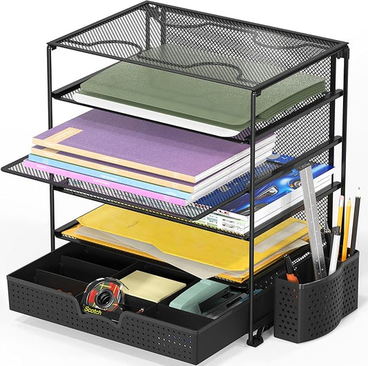 Simple Houseware 5-Tier Document File Tray with Sliding Drawer and Pen Bucket, Black