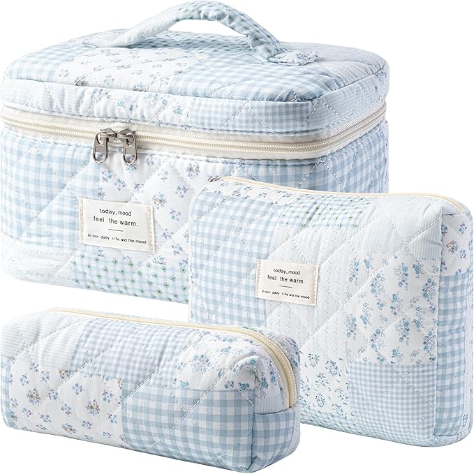 HBselect Quilted Makeup Bag, 3Pcs Cotton Large Travel Makeup Bags Organizer | Cute Floral Make up Bag Cosmetic Bag Toiletry Bag for Women Girls, Makeup Pouch for Skincare, Brushes & Travel Essentials
