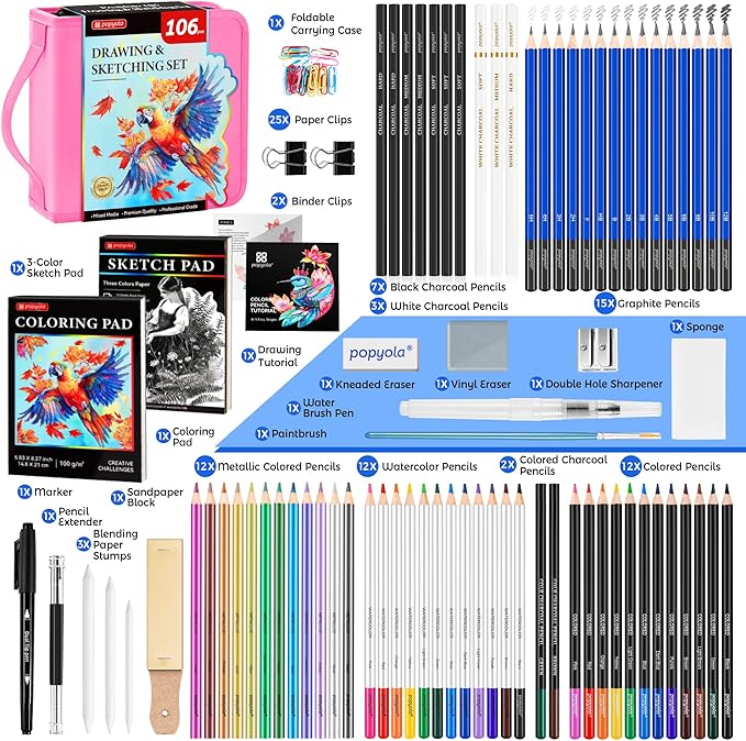 106 Pack Art Supplies Sketching Kit with 3-Color Sketchbook, Coloring Book, Tutorial, Graphite Colored Charcoal Watercolor & Metallic Pencils, Drawing Supplies Gift Case for Artists Beginners Adults