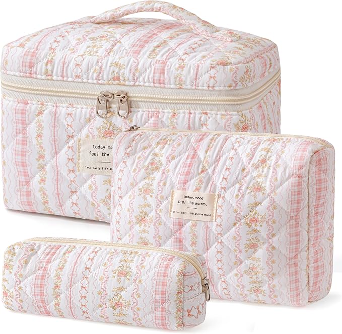 HBselect Quilted Makeup Bag, 3Pcs Cotton Large Travel Makeup Bags Organizer | Cute Floral Make up Bag Cosmetic Bag Toiletry Bag for Women Girls, Makeup Pouch for Skincare, Brushes & Travel Essentials