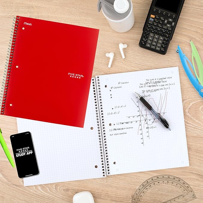 Five Star Spiral Notebook + Study App, 1 Subject, Graph Ruled Paper, 8-1/2" x 11", 100 Sheets, Fights Ink Bleed, Water Resistant Cover, Fire Red (620000D)