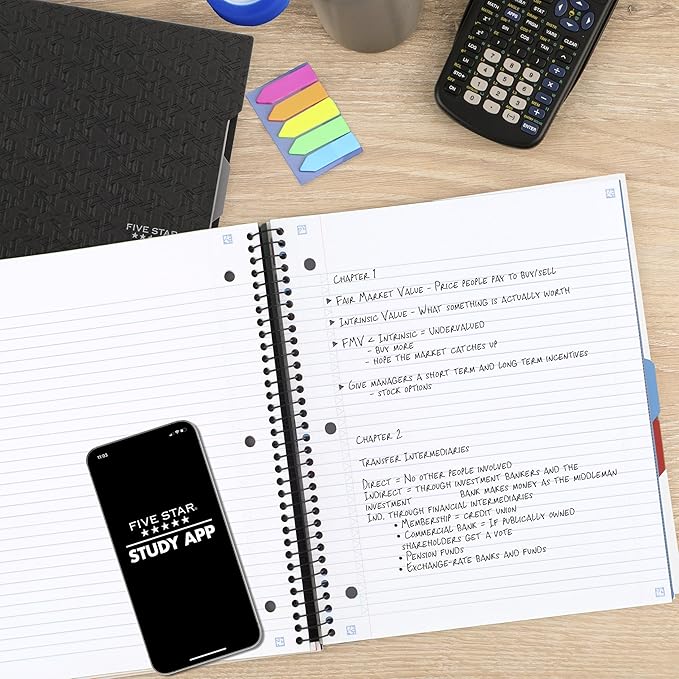 Five Star Advance Spiral Notebook + Study App, 3 Subject, College Ruled Paper, 8-1/2" x 11", 150 Sheets, Spiral Guard, Movable Tabbed Dividers, White (73142)