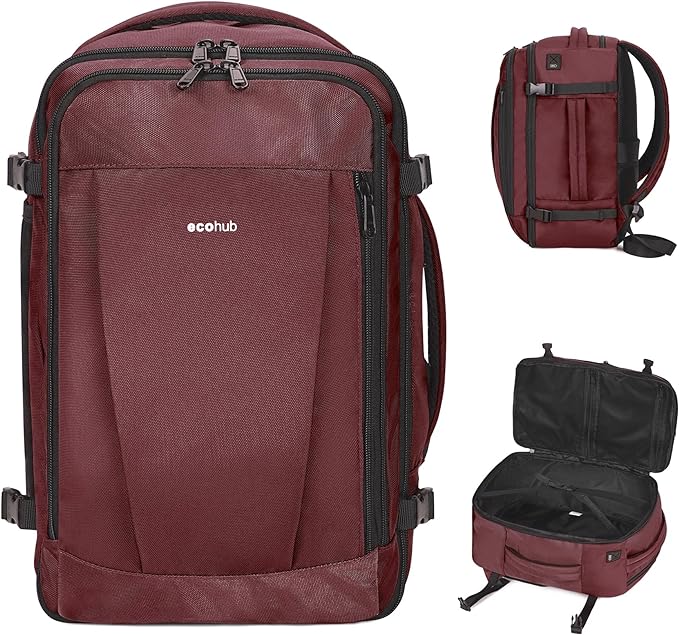 ECOHUB Travel Backpack 18x14x8 Frontier Airlines Personal Item Bag Red | Carry On Backpack with 13 Pockets, Casual Daypack for Men Women Airline Approved Water Resistant Back pack with Charging Port
