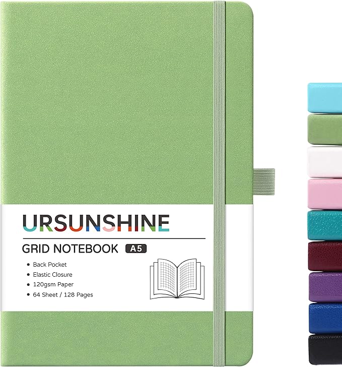 Graph Grid Paper Notebook/Journal - Classic Journal/Notebook with Ribbon Divider, Hardcover with Thick Paper, 5.3" x 8.26", Banded + Pen Holder +Inner Pocket - Light Green