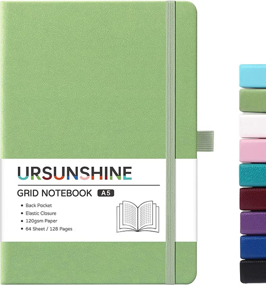 Graph Grid Paper Notebook/Journal - Classic Journal/Notebook with Ribbon Divider, Hardcover with Thick Paper, 5.3" x 8.26", Banded + Pen Holder +Inner Pocket - Light Green