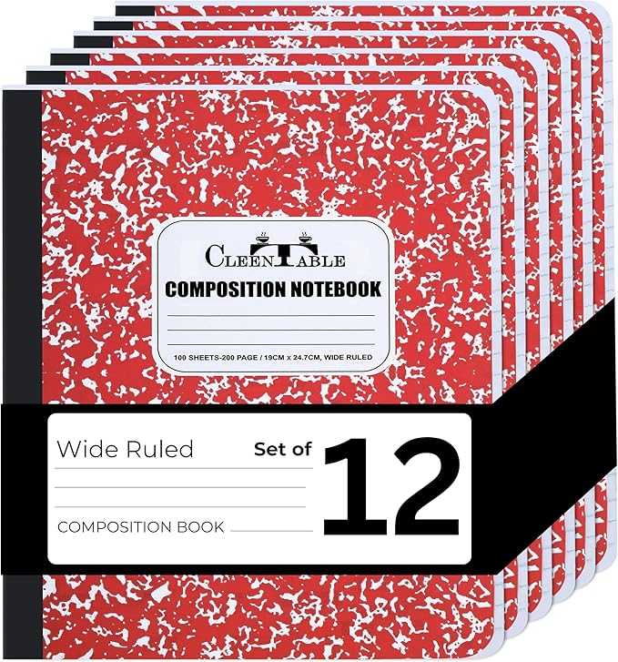 CLEENTABLE Composition Notebook 12 Pack, Wide Ruled Paper, Marble Cover Notebooks for School, 9.75 x 7.5 Inches, 100 Sheets (200 Pages), Sewn Binding Comp Books, Red