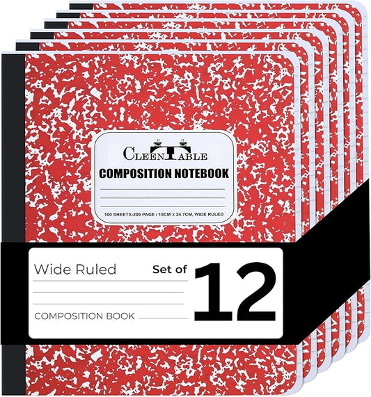 CLEENTABLE Composition Notebook 12 Pack, Wide Ruled Paper, Marble Cover Notebooks for School, 9.75 x 7.5 Inches, 100 Sheets (200 Pages), Sewn Binding Comp Books, Red
