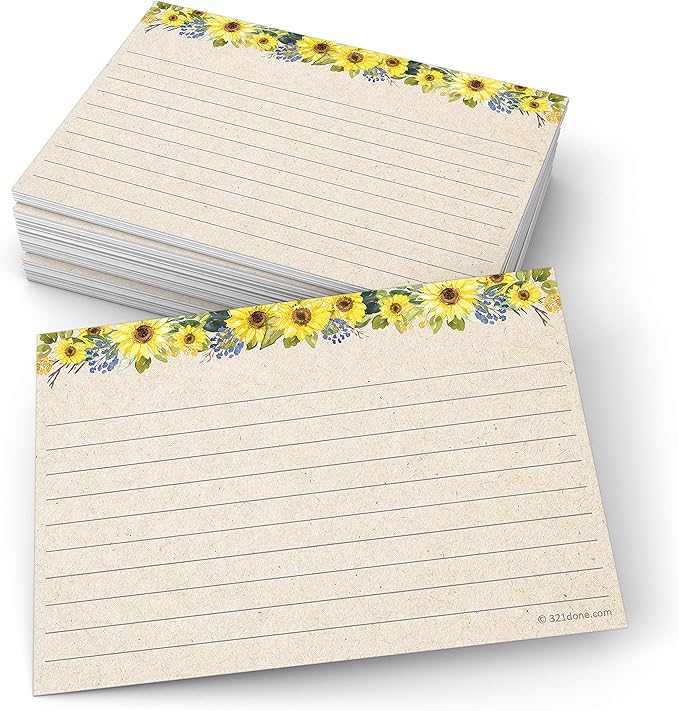 321Done Sunflower Index Cards - Made in USA - Large 4x6 (Set of 50) Rustic Kraft Tan College-Ruled Lined Notecards Double-Sided, Thick Heavy Duty Cardstock, Cute Pretty Sun Flowers Floral Ruled Lines