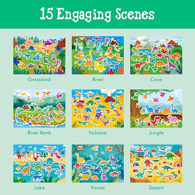 Sticker Activity Book, 640+ Reusable Stickers, 15 Dry-erase Scenes & 16 Fun Games, Side By Side Dinosaur-Themed Activity Book, Educational Hands-on Travel Game - Great for Toddlers, Kids, Boys & Girls