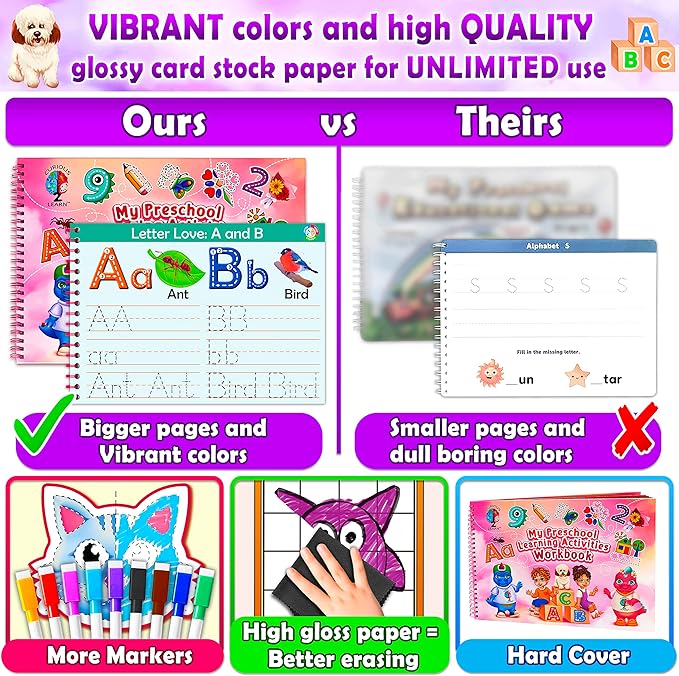 Curious 2 Learn Hardcover Preschool Activity Workbook for Kids Ages 3–5 – 32 Montessori Learning Activities with 9 Markers – ABC, Numbers, Colors & Shapes – Educational Gift for Boys & Girls