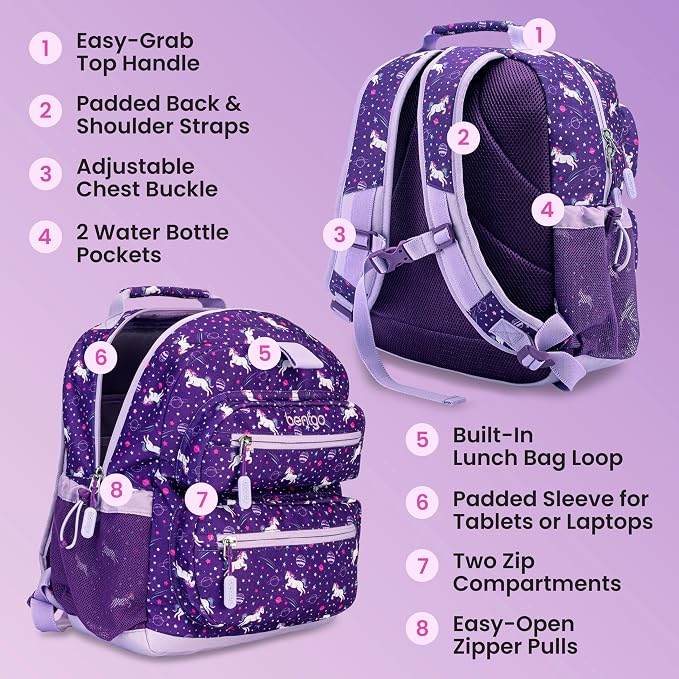 Bentgo Kids Backpack - Lightweight 14” Backpack in Fun Prints for School, Travel, & Daycare, Ideal for Ages 4+, Roomy Interior, Durable & Water-Resistant Fabric, & Loop for Lunch Bag (Unicorn)