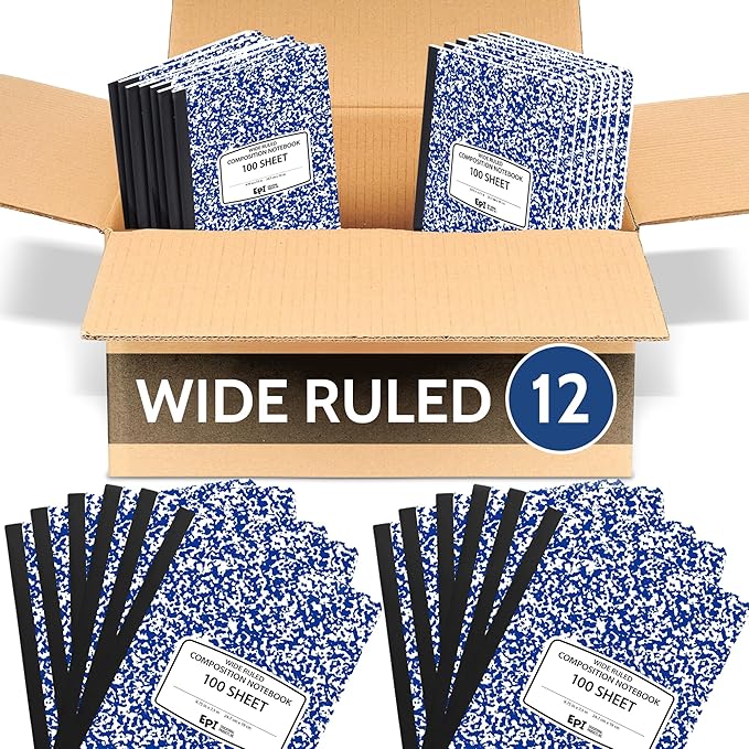 12 Pack - EPI Wide Ruled Marble Composition Notebook - Blue 200 Page Note Book - 9.75 x 7.5 Inch Hardcover Journal with Sewn Binding for Secure Pages - Classroom Back to School Supplies