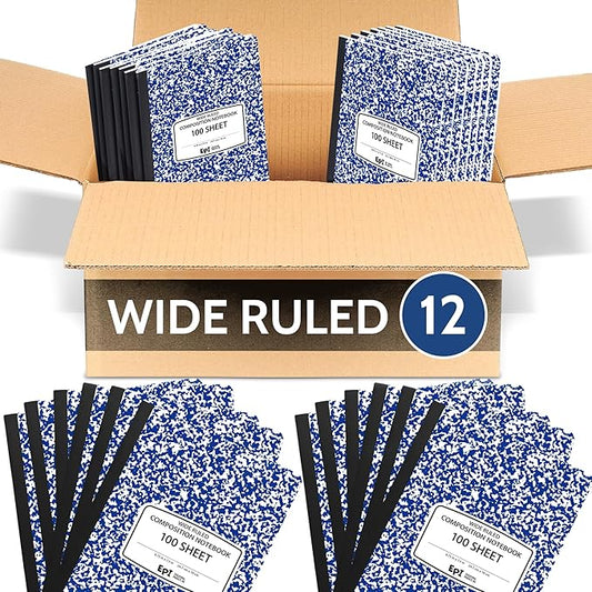 12 Pack - EPI Wide Ruled Marble Composition Notebook - Blue 200 Page Note Book - 9.75 x 7.5 Inch Hardcover Journal with Sewn Binding for Secure Pages - Classroom Back to School Supplies