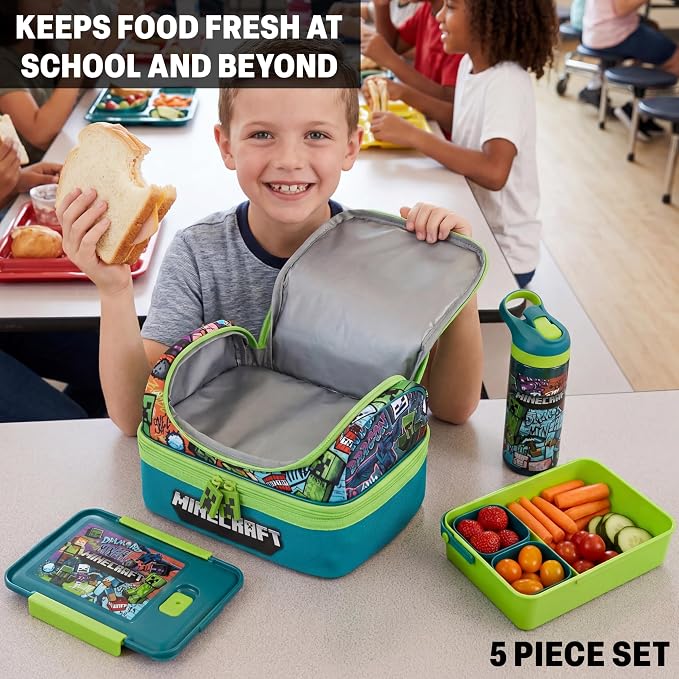 Get Trend Minecraft Kids Lunch Box 3 Pc Set with Insulated Lunch Bag, Bento Box with Two Mini Pots & 20 fl oz Water Bottle with Straw for School, Picnic, Creeper Gamer Gifts for Boys (Multi Minecraft)