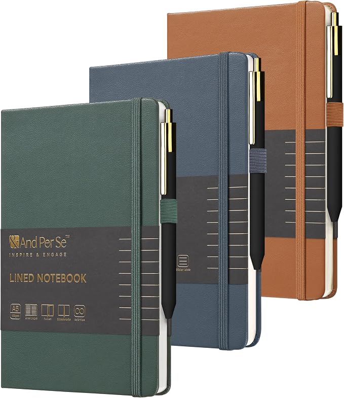 &And Per Se Lined Journal and Pen Set (3 Packs), A5 Leather Hardcover Notebook with Pen & Stationary Set, 160 Pages 100GSM Thick Ruled Paper Journal for Business Work Writing (Green-Blue-Brown)