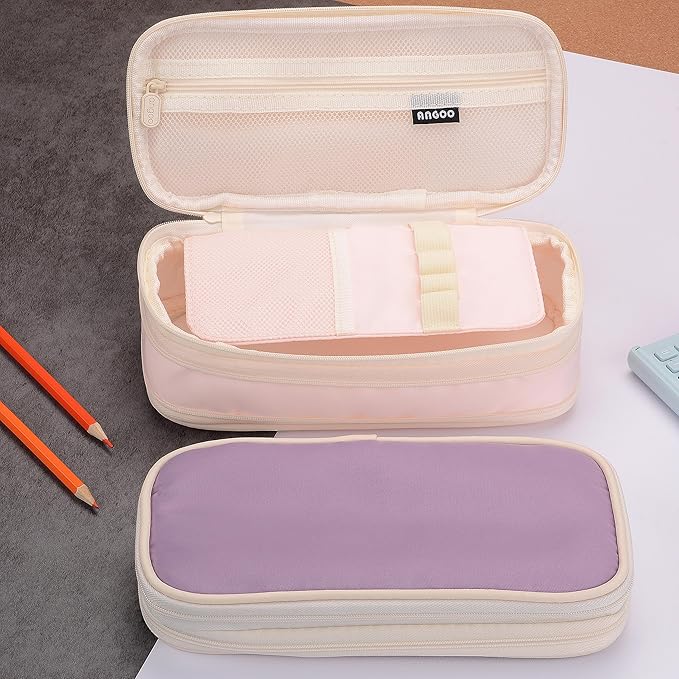 Large Capacity Canvas Pencil Case Organizer Holder Pouch Bag with Zipper Compartments, Pen Cases for Women Girls School Adults (Pink)