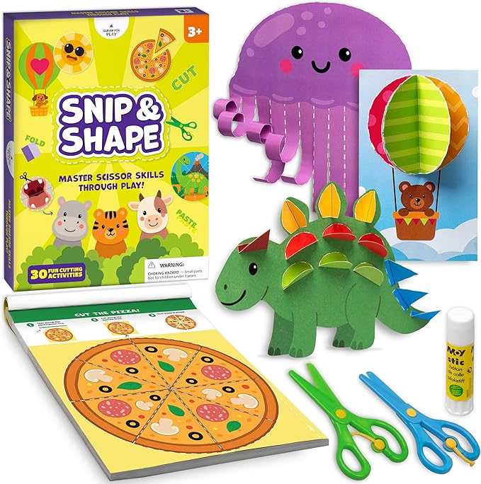 Clever Fox Play Snip & Shape Scissor Skills Activity Book for Kids Ages 3 4 5 6 7 – Arts & Crafts Kit with Safety Scissors for Toddler – 30 Preschool Cutting Craft Activities for Boys & Girls