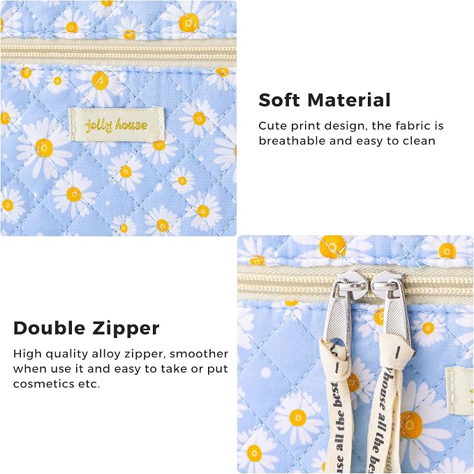 HBselect Quilted Makeup Bag, 3Pcs Cotton Large Travel Makeup Bags Organizer | Cute Floral Make up Bag Cosmetic Bag Toiletry Bag for Women Girls, Makeup Pouch for Skincare, Brushes & Travel Essentials