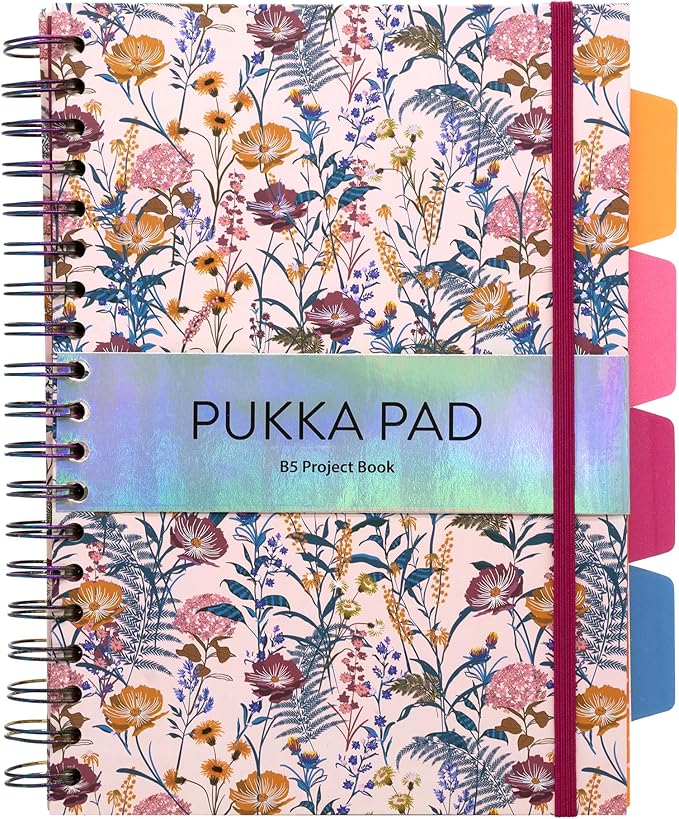 Pukka Pad 5 Subject Spiral Notebook 12-Pack - 200 Pages, 100 Sheets of 80GSM Paper with Repositionable Dividers & Perforated Edges for School & Office Planning & Organization - B5-7 X 10, Bloom