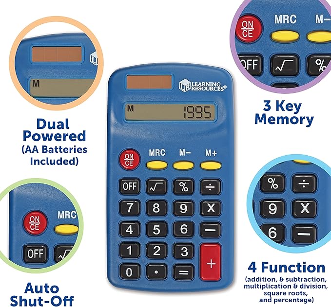 Learning Resources Primary Calculator - Basic Solar and Battery Powered Calculators for Students, Teach Basic Math Operations, School Supplies, Classroom Must Haves for Teachers, Back to School