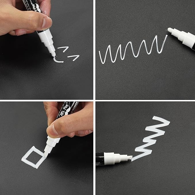 Mr. Pen- Liquid Chalk Marker Pen, 4 Pack, 8x Labels, White Non-Toxic Odorless Chalk Markers, Dual Reversible Chisel & Bullet Tip, Ideal for Non-Porous Chalkboards, Chalkboard Vinyl, Glass & Metal