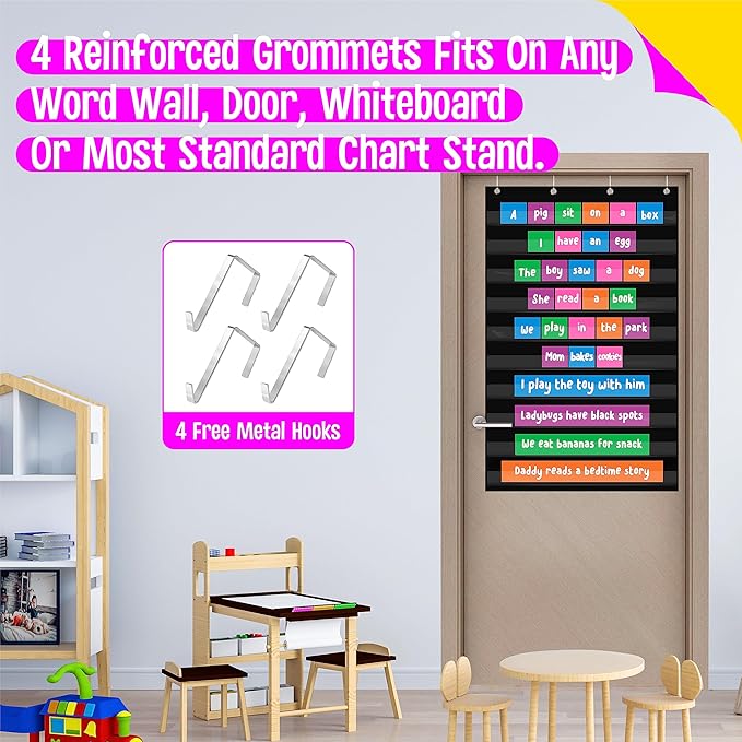 Daily Schedule Pocket Chart, Class Schedule with 10 Clear Pockets Plus 4 Over Door Hangers for Classroom Home School Schedule Organization & Time Management-Fits 4” Sentence Strips & Word Cards