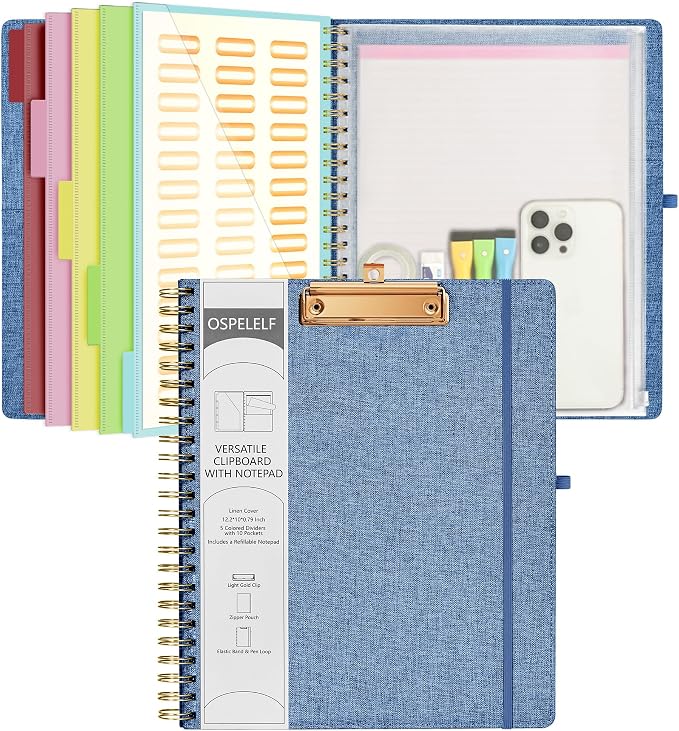 Ospelelf Foldable Spiral Clipboard Folio with Storage Zipper Pouch, 5 Plastic Folders with 10 Pockets, Refillable Lined Notepad (11" x 8.5"), Linen Hardcover Project Organizer(Haze Bule)