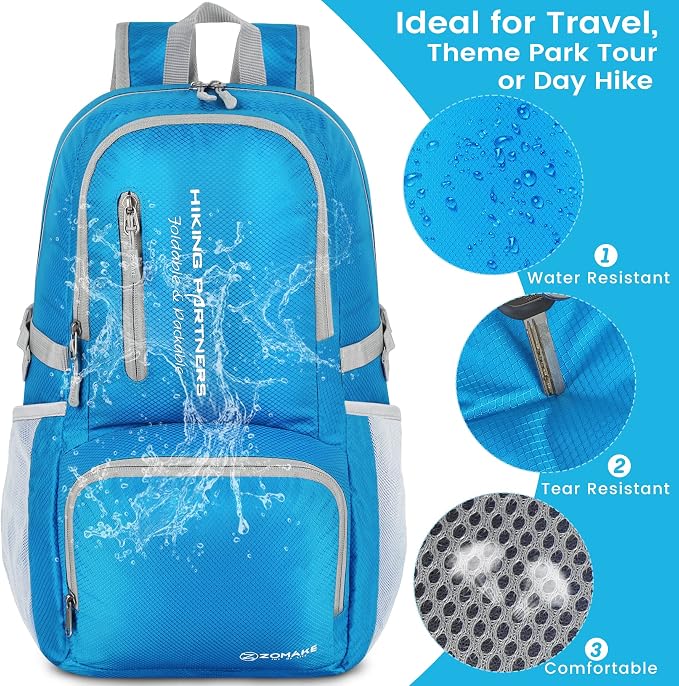 ZOMAKE Lightweight Packable Backpack, 35L Foldable Daypack (Light Blue) | Light Hiking Backpacks Water Resistant Collapsible Day Pack for Travel, Everyday Carry, Multi-Pocket Layout, Heavy Duty Nylon